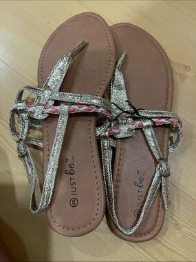 just be Gold Braided Thong Sandals with Red and White Accent